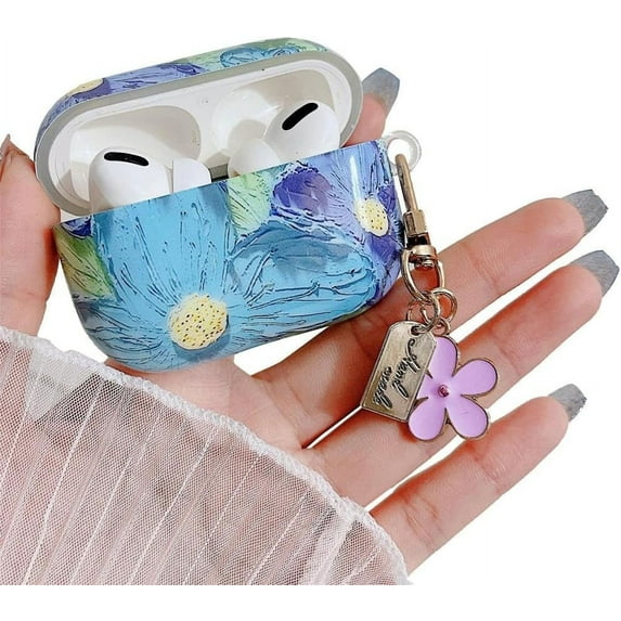Compatible with Airpods Pro Case with Floral Keychain,Cute Colorful Retro Oil Painting Flower Pattern Design,Soft TPU Smooth Shockproof Charging Case for AirPod Pro for Girls Women-Blue