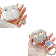Compatible with Airpods Pro Clear Case with Floral Keychain,Fashionable Cute White and Blue Flower Pattern Design,Soft Silicone Smooth Shockproof Charging Case for AirPod Pro for Girls Wo