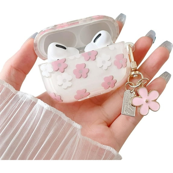 Compatible with Airpods pro 2 Clear Case,Cute Cartoon Flower Pattern Design with Floral Keychain,Soft TPU Protective Shockproof Case for AirPod Pro for Girls Women-Pink
