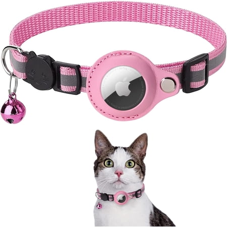 Compatible with Airtag Cat Collar with Breakaway Bell, Holder with Breathable Nylon Pet Collar,Reflective Adjustable Strap for Cat Kitten Puppy (Pink)