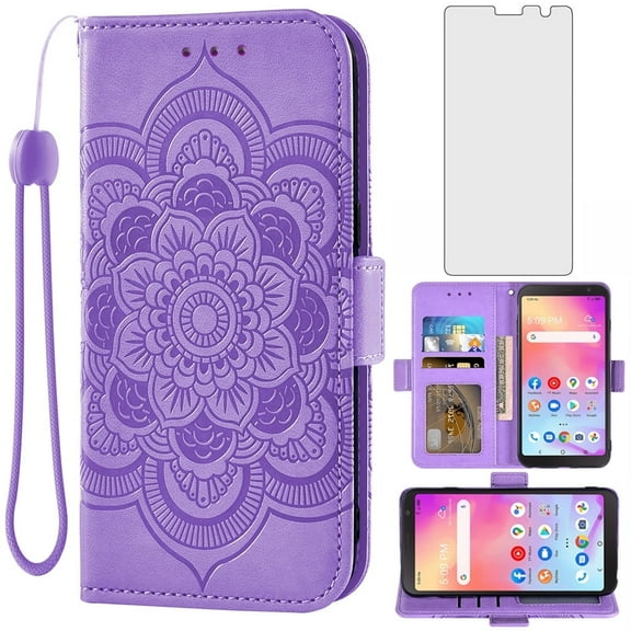 Compatible with Alcatel TCL A3 A509DL / A30 Wallet Phone Case and Tempered Glass Screen Protector Flip Credit Card Holder Stand Flower Cell Cover for TCLA3 TLC A 3 3A 509DL 30A 5102 5.5 inch Purple