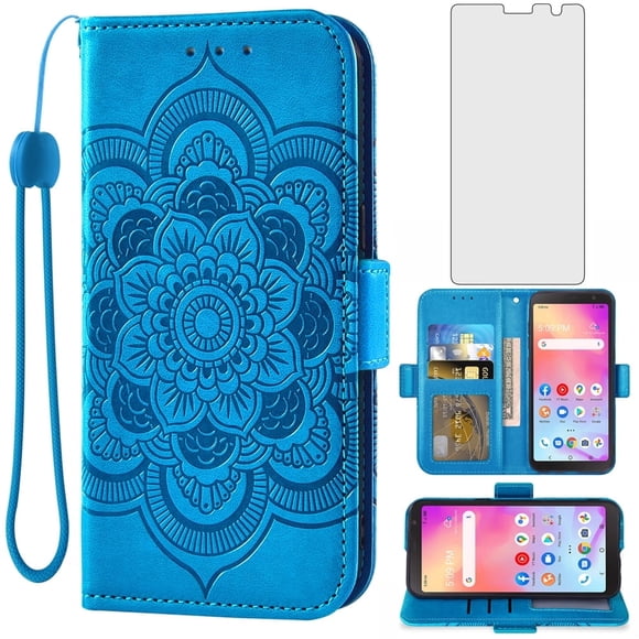 Compatible with Alcatel TCL A3 A509DL / A30 Wallet Phone Case and Tempered Glass Screen Protector Flip Credit Card Holder Stand Flower Cell Cover for TCLA3 TLC A 3 3A 509DL 30A 5102 5.5 inch Blue