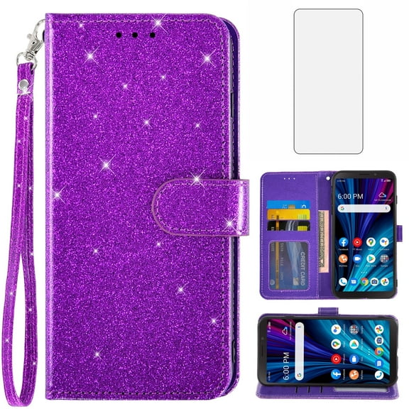 Compatible with Alcatel TCL A3X A600DL Wallet Phone Case and Tempered Glass Screen Protector Flip Credit Card Holder Stand Bling Glitter Cell Cover for TCLA3X TLC AX3 600DL 6.0 inch Women Men Purple