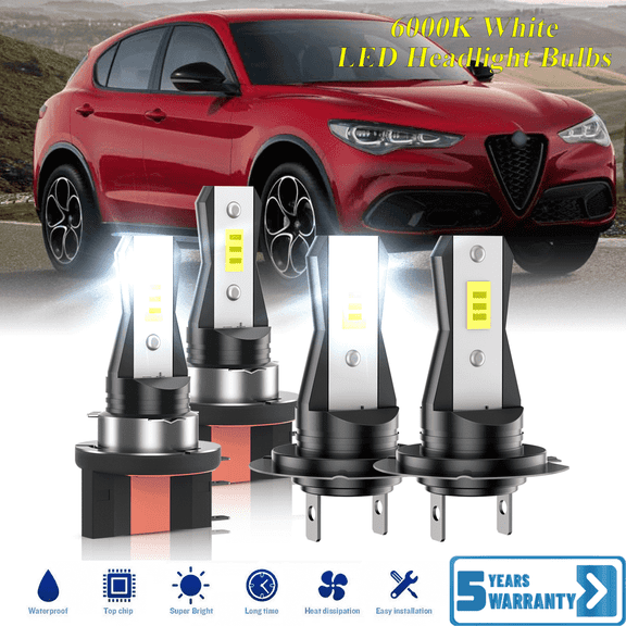 Compatible with Alfa Romeo Stelvio 2017-2023 H15 H7 LED Headlight Bulbs KIT High Low Beam Combo (Pack of 4) , 6000K White Super Bright, Plug and Play