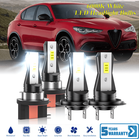 Compatible with Alfa Romeo Stelvio 2017-2023 H15 H7 LED Headlight KIT High Low Beam Combo Bulbs (Pack of 4) , 6000K White Super Bright, Plug and Play