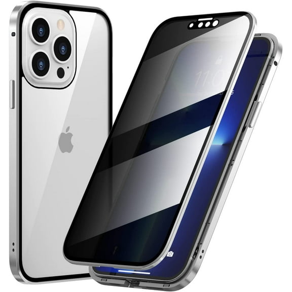 Compatible with Anti Peeping Case for iPhone 14 Pro Max Magnetic Glass Case Built-in Camera Lens Protector Privacy Screen Glass Protector Bumper Case Anti peep Cover with Lock Silver
