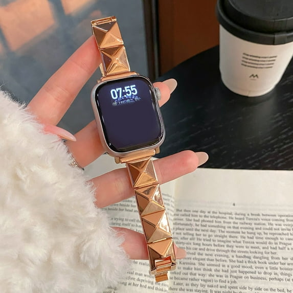 Compatible with Apple Watch 38/40/41/42mm(S10),Small Rhombus Design,For Women Men,Metal Bracelet Replacement Adjustable Slim Simple Wristband Strap Band For Apple Watch,Rosegold