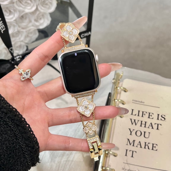Compatible with Apple Watch 38/40/41/42mm(S10) for Women Girls, Stylish Flower Jewelry Rhinestone Metal Replacement Wristband Strap for iWatch Ultra SE Series 10/9 8/7/6/5/4/3/2/1, Gold