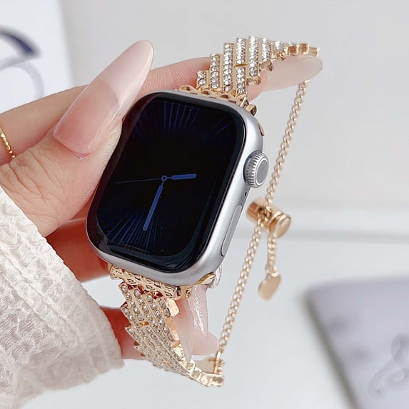 Compatible with Apple Watch 38/40/41/42mm(S10), Women Jewelry Rhinestone Metal Bling Bracelet Replacement Wristband Chain for iWatch Series 10 9 8 7 6 5 4 3 2 1 SE Ultra, Gold