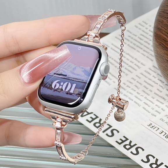 Compatible with Apple Watch 42/44/45/46/49mm Bracelet Strap Band,With Adjustable Chain,Slim Metal Sparkle Replacement Dressy Jewelry Bracelet Wrist Band with Bling Diamond,Rosegold