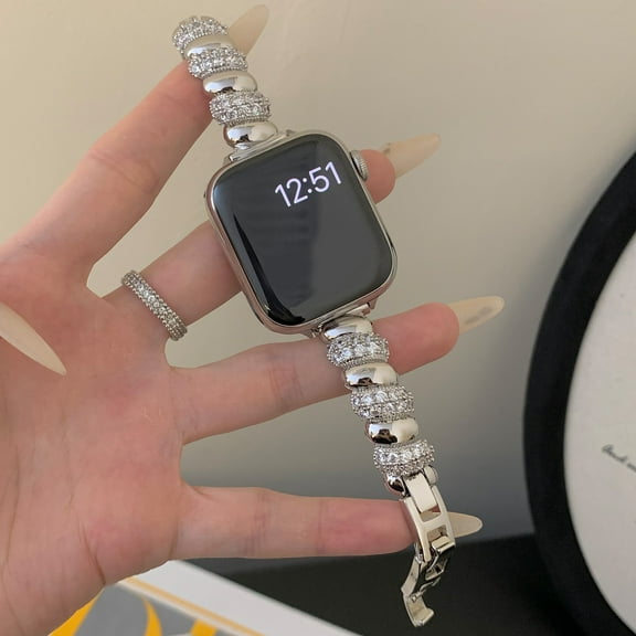 Compatible with Apple Watch 42/44/45/46/49mm Metal Strap Band Bracelet,Baguette Shape Design,Diamond Rhinestone Dressy Jewelry Bracelet with Bling Diamond Elegant Strap Band,Silver