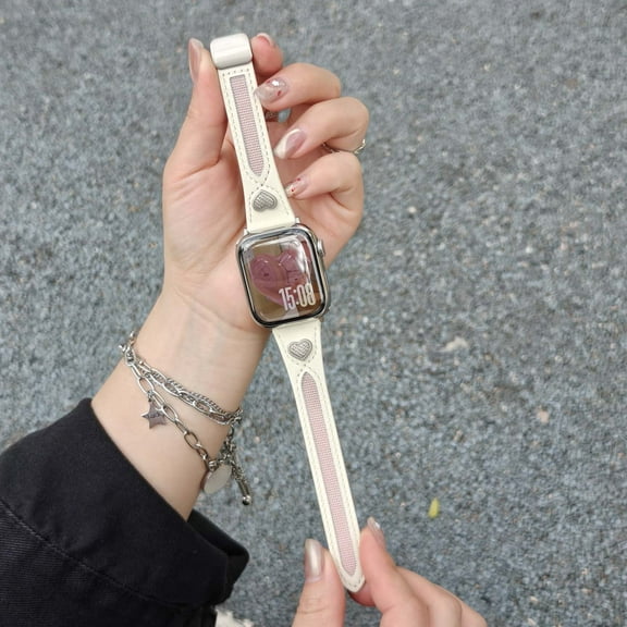 Compatible with Apple Watch Band 38/40/41/42mm(S10), for iWatch Series 10-1 Ultra SE, Genuine Leather Strap with Heart Charm, Magnetic Clasp, Slim Fit Design for Women Girls, Whitepink