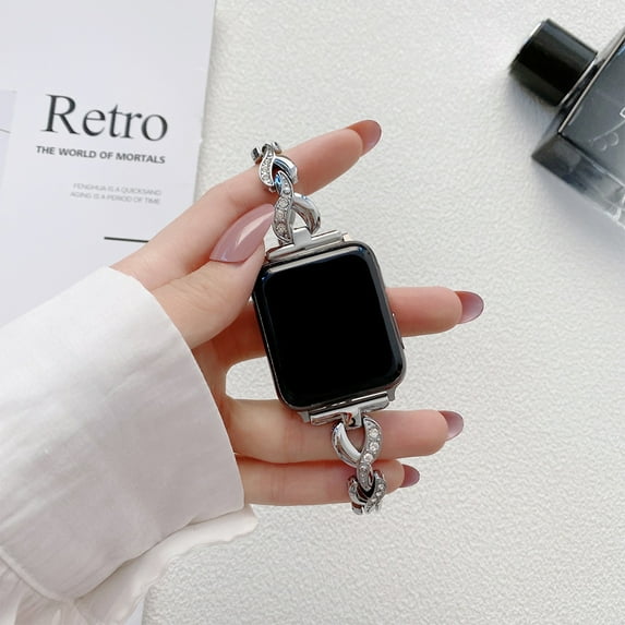 Compatible with Apple Watch Band 38mm/40mm/41mm/42mm(Series 10) for Women, Bling Diamond Bracelet Replacement Shiny Jewelry Metal Strap for iWatch Series 10/9/8/7/6/5/4/3/2/1/SE,Silver