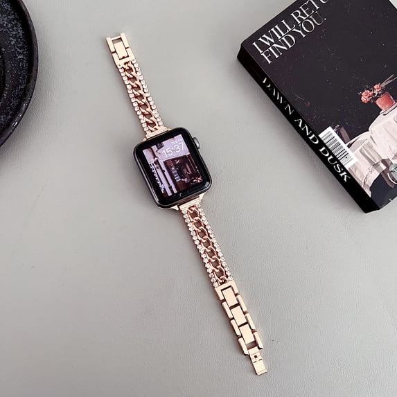 Compatible with Apple Watch Band 38mm 40mm 41mm Series 9 8 7 6 5 4 3 2 1 SE, Bling Replacement Bracelet iWatch Band, Diamond Rhinestone Stainless Steel Metal Wristband Strap, Rosegold
