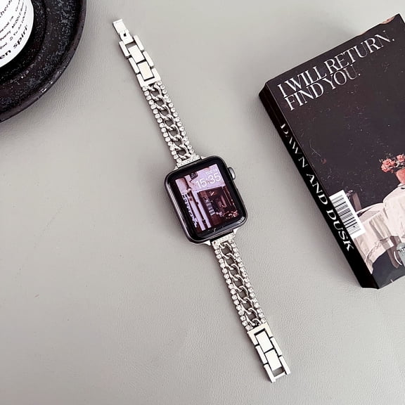 Compatible with Apple Watch Band 38mm 40mm 41mm Series 9 8 7 6 5 4 3 2 1 SE, Bling Replacement Bracelet iWatch Band, Diamond Rhinestone Stainless Steel Metal Wristband Strap, Silver