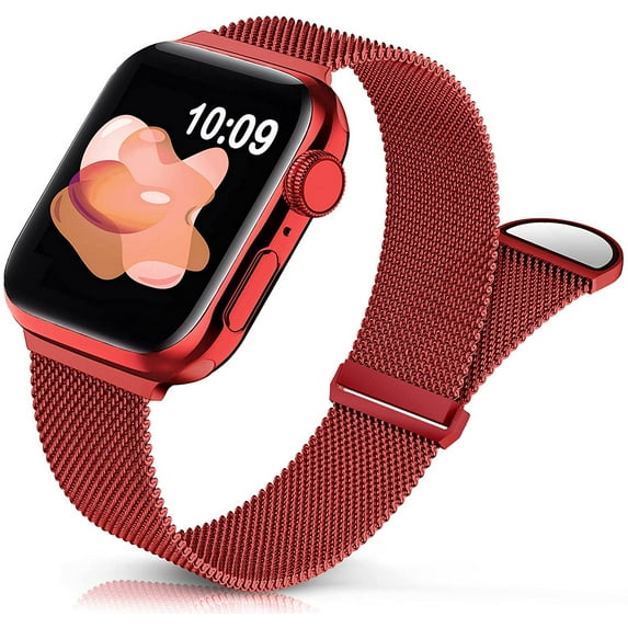 Compatible for Apple Watch Band 38mm 40mm 41mm , Stainless Steel Mesh Loop Band Adjustable Magnetic Replacement Wristband Compatible with iWatch Series 7 6 5 4 3 2 1 SE-Red