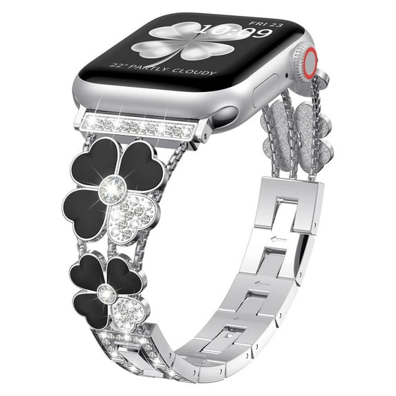 Compatible with Apple Watch Band 38mm 40mm 41mm, Stylish Flower Pattern Women Dressy Band with Rhinestone Shiny Diamond for Apple Watch Band Ultra Series 9 8 7 6 5 4 3 2 1 SE, Silver+Black