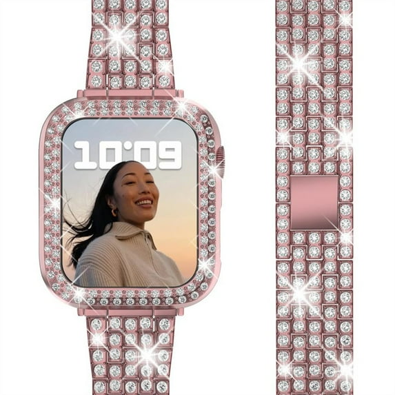 Compatible With Apple Watch Band 40mm 41mm 38mm 45mm 44mm 42mm + Case, Women Jewelry Bling Diamond Metal Strap with Diamond Case (without screen protector) for iWatch Series 7 SE 6 5 4 3