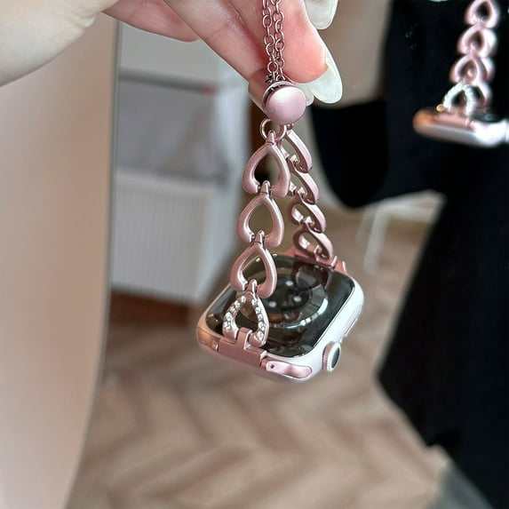 Compatible with Apple Watch Band 42/44/45/46/49mm, Women Heart Shape Diamond Chain Bracelet Jewelry Metal Replacement Strap for iWatch Ultra 2/1 SE Series 10 9 8 7 6 5 4 3 2 1, Pink