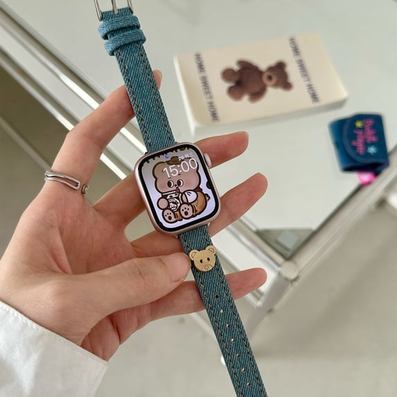 Compatible for Apple Watch Band 42mm 44mm 45mm 49mm Women Girls Boys, Slim Denim PU Leather Cute Bear Design Hand Strap Bracelet for iWatch Band Series SE 9 8 7 6 5 4 3 2 1 Ultra, Blue