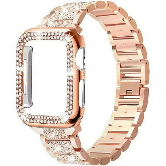 Compatible with Apple Watch Band 45mm 44mm 41mm 40mm, Women Rhinestone Stainless Steel Band with Bling Diamond Case for iWatch SE Series 8 SE 7 6 5 4 3