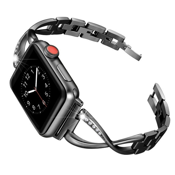 Compatible with Apple Watch Band 45mm 44mm 42mm 49mm Series 9 Series 8 7 6 5 4 3 2 1 SE Ultra, Bling Replacement Bracelet iWatch Band, Diamond Rhinestone Stainless Steel Metal Wristband Strap, Black