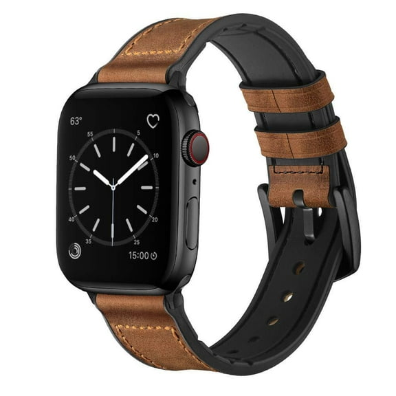 Compatible with Apple Watch Band 45mm 44mm 42mm, Sweatproof Genuine Leather and Rubber Hybrid Band Strap Compatible with iWatch Series 7 6 5 4 3 2 1 SE