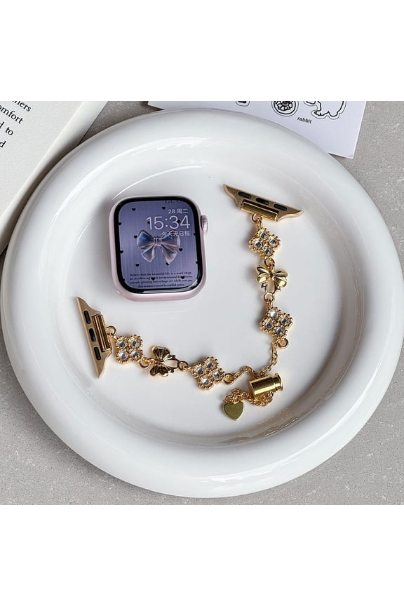 Compatible for Apple Watch Band 49mm 45mm 44mm 42mm, Women Girl Diamond Four-Leaf Clover Bracelet, Chain Style Shiny Rhinestone Wristband for iWatch Ultra Series 9 8 7 6 5 4 SE 3 2 1, Gold