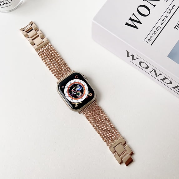 Compatible with Apple Watch Band 49mm for Women with Zinc Alloy Wristband with 8-row Chain Bracelet Strap Steel iWatch Series 9 8 7 SE2 6 5 4, (41mm 40mm 38mm),Rosegold