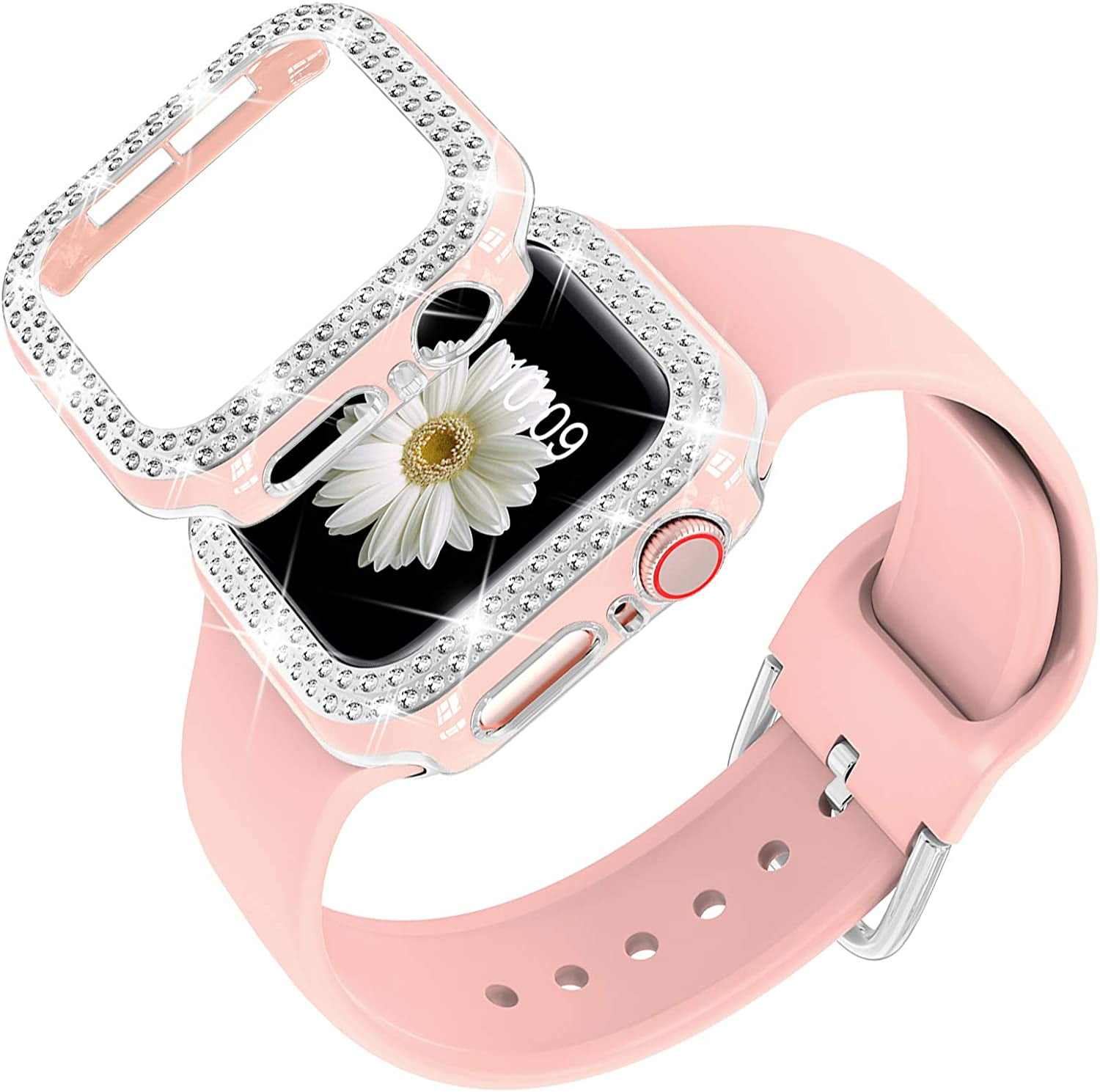 Compatible for Apple Watch Band with Glitter Bumper Case Women Silicone Soft Comfortable Adjustable Strap with Buckle for iWatch SE Series 8 7 6 5 4 3 2 1 SandPink Silver 44mm Walmart Business Supplie...