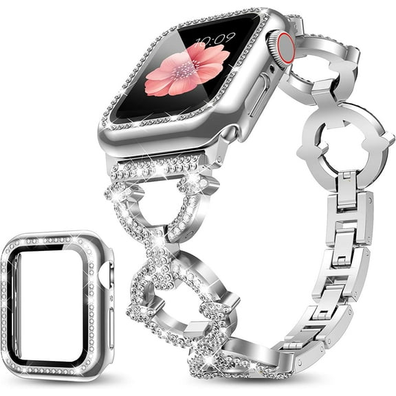 Compatible with Apple Watch Band , Women Girl Bling Diamond Jewelry Metal Strap Bands with Crystal Tempered Glass Screen Case, Round Shiny Bracelet Wristband for iWatch Series 8/7/6/5/4/3/2/1/SE