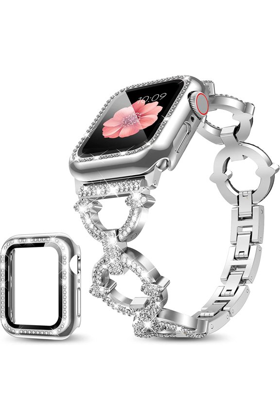 Compatible with Apple Watch Band , Women Girl Bling Diamond Jewelry Metal Strap Bands with Crystal Tempered Glass Screen Case, Round Shiny Bracelet Wristband for iWatch Series 8/7/6/5/4/3/2/1/SE