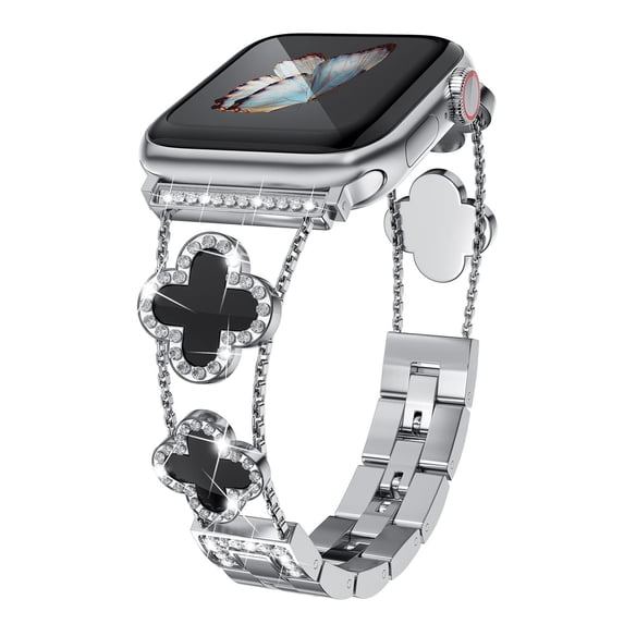 Compatible with Apple Watch Bands 38mm 40mm 41mm for Women Girls, Stylish Clover Jewelry Diamond Rhinestone Metal Wristband Strap for iWatch Ultra SE Series 9 8/7/6/5/4/3/2/1, Silver+Black