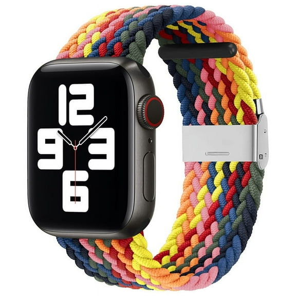 Compatible with Apple Watch Bands 42mm 44mm 45mm, Stretchable Braided Solo Loop Elastics Women Men Replacement Sport Wristband , with Stainless steel Buckles Rainbow