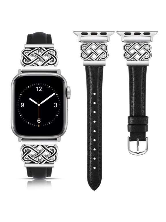 Compatible with Apple Watch Bands Women 38/40/41/42mm Dressy Slim Leather Strap with Celtic Knot Interlock Buckle Bracelet for iWatch Series 11 10 9 8 7 6 5 4 SE 3 2 1, Starlight/Rose Gold