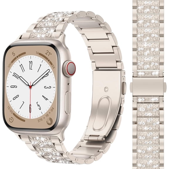 Compatible with Apple Watch Bling Band Women 38mm 40mm 41mm 42mm Series 11 10 9 8 7 6 5 4 3 2 1 SE, Upgraded Sparkle Replacement Bracelet iWatch Band, Diamond Rhinestone Stainless Steel Metal Strap