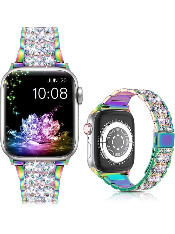 Compatible with Apple Watch Bling Band Women 46mm 45mm 44mm 42mm Series 11 10 9 8 7 6 5 4 3 2 1 SE, Upgraded Sparkle Replacement Bracelet iWatch Band, Rhinestone Stainless Steel Metal Strap