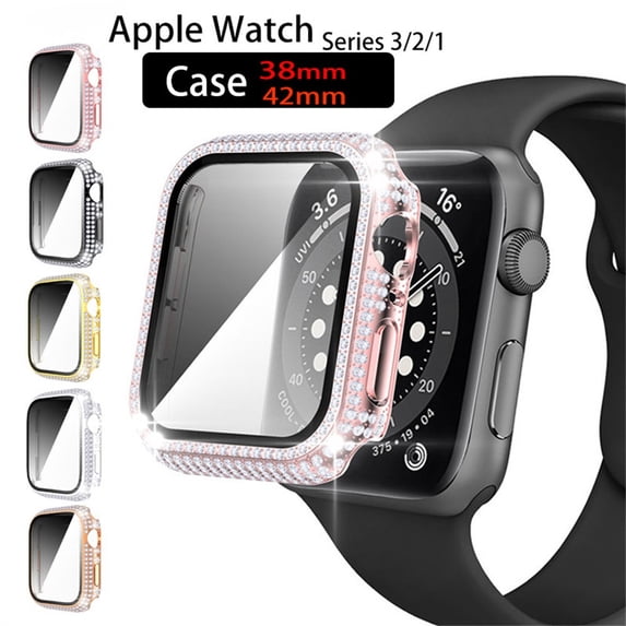 Compatible with Apple Watch Case 38mm 42mm with Screen Protector, Bling Case Crystal Diamond Tempered Glass Protective Cover for Apple Watch Series 3 2 1 -rose pink