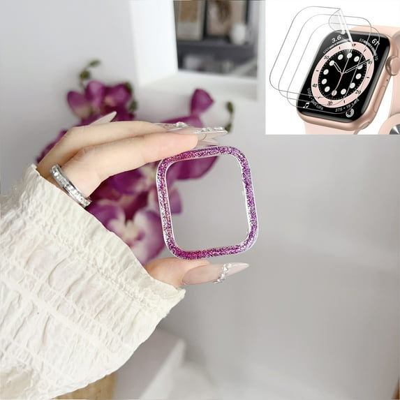 Compatible for Apple Watch Case 41mm Series 9/8/7 with 3-Pack Soft Hydrogel Screen Protector, Bling Case Crystal Diamonds Rhinestone Bumper Hard PC Slim Protective Cover for iWatch,Purple
