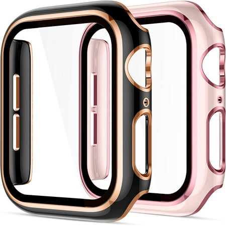 Compatible with Apple Watch Case 41mm iWatch Series 8/7 Built-in Tempered Glass Screen Protector, 2 Pack Protective Cover for Women Men, Rose Gold Edge Black & Rose Pink Edge Pink Bumper
