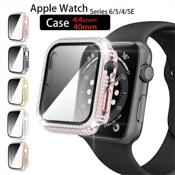 Compatible with Apple Watch Case 44mm 40mm with Screen Protector Bling Case Crystal Diamond Tempered Glass Protective Cover for Apple Watch Series 6 5 4 SE,rose pink
