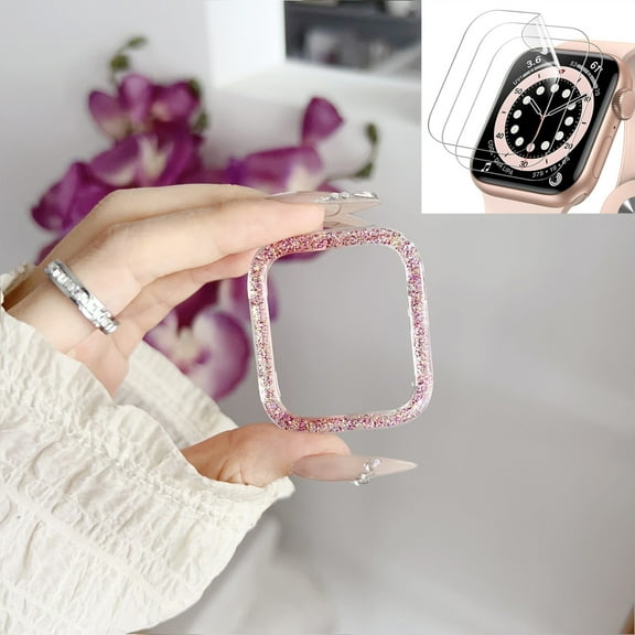 Compatible for Apple Watch Case 44mm Series 6/5/4/SE with 3-Pack Soft Hydrogel Screen Protector, Bling Case Crystal Diamonds Rhinestone Bumper Hard PC Slim Protective Cover for iWatch,Colorful