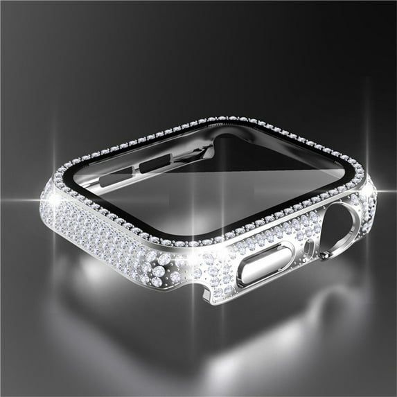 Compatible with Apple Watch Case 45mm 41mm with Screen Protector, Bling Case Crystal Diamond Tempered Glass Protective Cover for Apple Watch Series 7 -silver