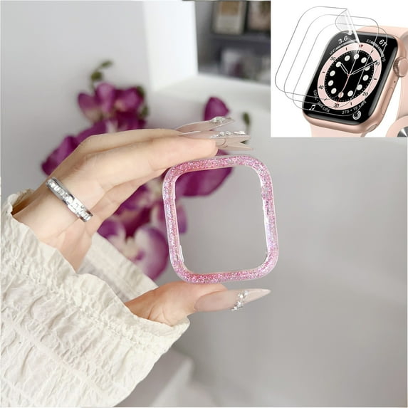 Compatible for Apple Watch Case 45mm Series 9/8/7 with 3-Pack Soft Hydrogel Screen Protector, Bling Case Crystal Diamonds Rhinestone Bumper Hard PC Slim Protective Cover for iWatch,Pink