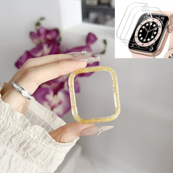Compatible for Apple Watch Case 45mm Series 9/8/7 with 3-Pack Soft Hydrogel Screen Protector, Bling Case Crystal Diamonds Rhinestone Bumper Hard PC Slim Protective Cover for iWatch,Gold