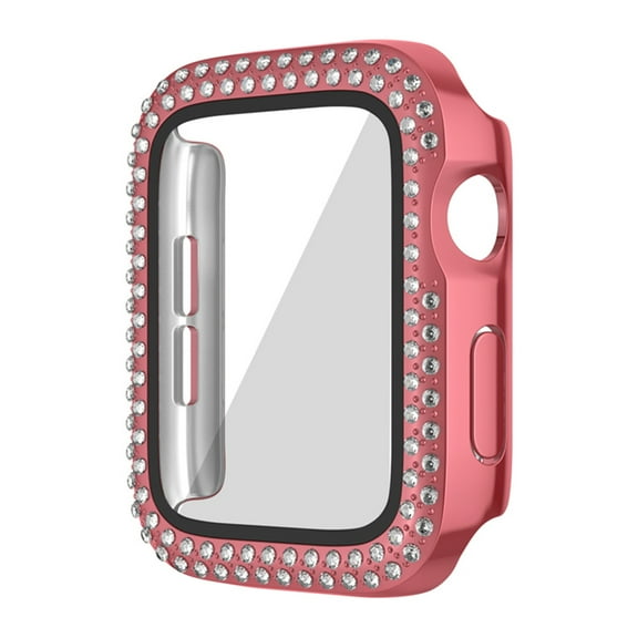 Compatible for Apple Watch Series 10 42mm with Tempered Glass Screen Protector, Double Bling Case Crystal Diamonds Rhinestone Bumper Overall Hard PC Slim Protective Cover, Pink