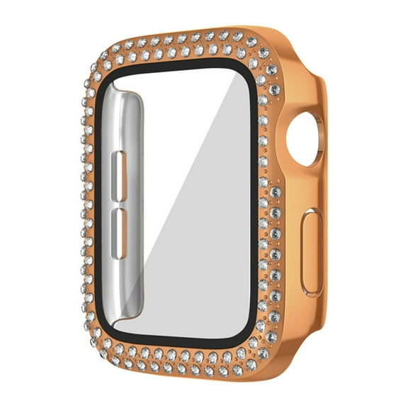 Compatible for Apple Watch Series 10 46mm with Tempered Glass Screen Protector, Double Bling Case Crystal Diamonds Rhinestone Bumper Overall Hard PC Slim Protective Cover, Rosegold