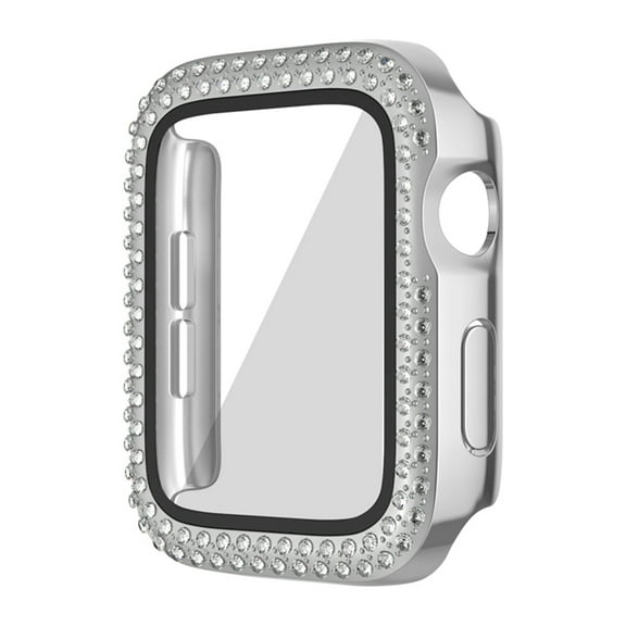 Compatible for Apple Watch Series 10 46mm with Tempered Glass Screen Protector, Double Bling Case Crystal Diamonds Rhinestone Bumper Overall Hard PC Slim Protective Cover, Silver