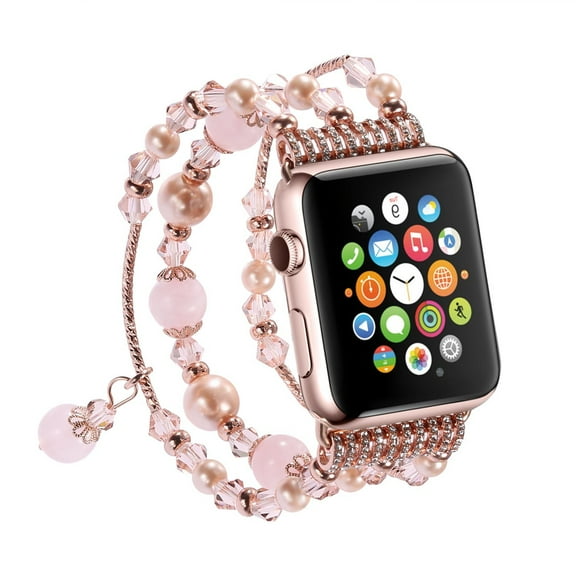 Compatible for Apple Watch Series 44mm/42mm/45mm/49mm SE/6/5/4/3/2/1, Handmade Elastic Stretch Faux Pearl Bracelet Women Girls iWatch Bands Strap for - Pink