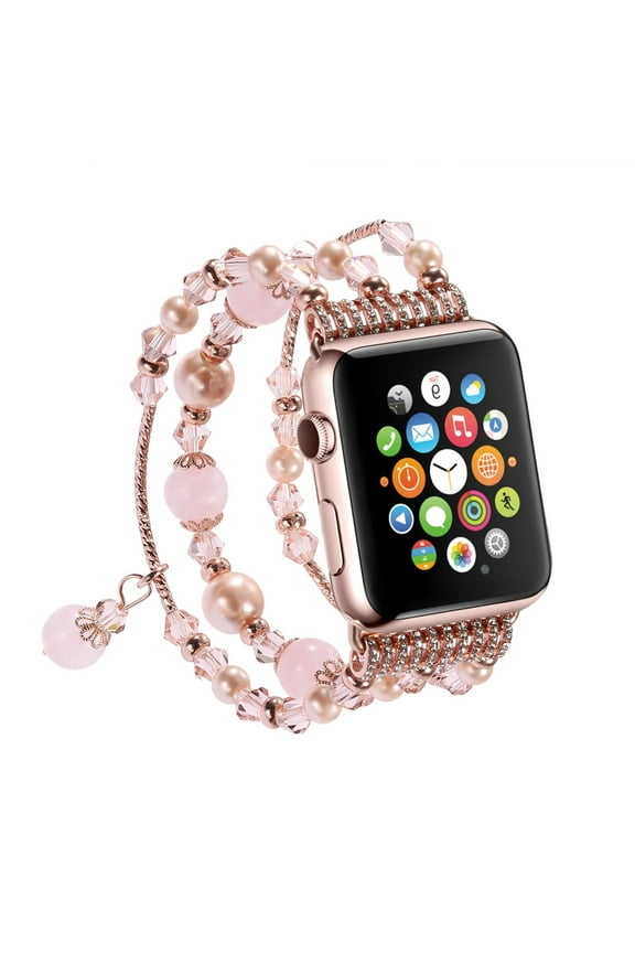 Compatible for Apple Watch Series 44mm/42mm/45mm/49mm SE/6/5/4/3/2/1, Handmade Elastic Stretch Faux Pearl Bracelet Women Girls iWatch Bands Strap for - Pink